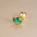 Close-up of golden crown cartilage stud with green marquise stones and screw ball back - Three Stone Crown Style (Y26032-4)