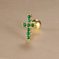 Macro view of gold cross stud earring with green zircon insets and screw-back closure - Inlaid Cross Style (Y26032-5)