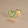 Detail view of heart shaped gold stud earring with green cubic zirconia and screw ball back - Hollow Heart Inlaid Style (Y26032-6)