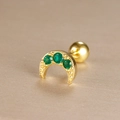 Golden crescent stud earring with green zircon stones and secure screw-back ball closure - Three Stone Moon Style (Y26032-7)