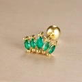Macro detail of crown shaped ear stud with green marquise stones and gold plating - Five Stone Fan Inlaid Style (Y26032-10)