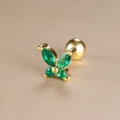 Detailed macro view of golden butterfly earring with green zircon and screw ball back - Butterfly Inlaid Style (Y26032-11)
