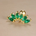 Macro view of golden piercing stud with five marquise green stones and ball back - Five Marquise Fan Style (Y26032-15)