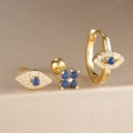 Driedelige set gouden evil eye oorringen en donkerblauwe kristallen oorknopjes dames - Boze Oog Bloem 3-Delige Set (Y26036-2) / Goud