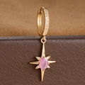Macro shot of gold hoop earrings with pink oval stone and star pendant details - E1652 (E1652) / 1 Piece/Pack / Gold-Purple