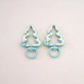 Set of two mint green Christmas tree alloy keychains with white snow patterns - 3# Painted Christmas Tree with Loop / 27x44mm Center thickness approx 5mm / Cyan