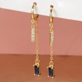Elegant gold drop earrings with blue sapphire zircon and delicate chain fringe - Rectangular Gem Asymmetric Style (E1179-3) / Gold