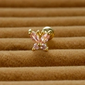 Macro detail of butterfly ear stud with pink zircon stones and gold screw ball back - Gold Pink Rhinestone-Small