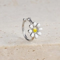 Elegant silver daisy ear cuff and clip earring with white petals and yellow center - Little Daisy Style (E1684 Silver)
