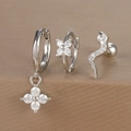 Three-piece silver earrings set featuring flower charms and a zircon snake stud - Silver (Y26002-24)