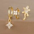 Golden S925 silver earring set with floral pendants and gecko stud with white zirconias - Gold (Y26002-25)