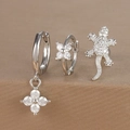 Silver earring set with zircon flower charms and crystal gecko stud for women - Silver (Y26002-25)