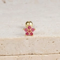 Detailed close-up of a flower stud earring with pink gemstones and gold metal base - Flower Stud (E1078) / Gold-Rose Red