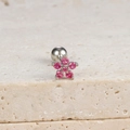 Macro view of flower stud earring with pink zircons and threaded ball back closure - Flower Stud (E1078) / Silver - Rose Red