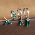 Detail of four-piece earring set featuring emerald green zircons on a leather display - Silver Green Geometric Floral Style (E1410) / Silver