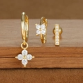 Macro detail of gold plated S925 silver earrings set with sparkling zircon on wood - Large Flower with Row Zirconia Style (E1610-15) / Gold