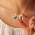 Locket necklace with round natural mother-of-pearl pendant holding two personal photos - Gold Round Locket