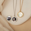 Gold and silver locket necklaces with natural mother of pearl inlay and photo compartments - Silver Round Locket