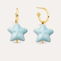 Detailed view of gold earrings featuring light blue star charms with glossy glaze finish - Blue Starfish Earrings