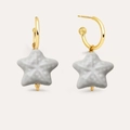 Detail of 18K gold hoop earrings with grey ceramic starfish pendants in minimalist style - White Starfish Earrings