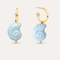 Detail view of 18K gold hoop earrings with light blue conch pendants and glossy finish - Blue Conch Earrings