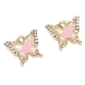 Golden butterfly pendant with pink rose and rhinestones for DIY jewelry making - Pink Flower Butterfly Pendant / 16x13mm (1.5mm Hole) / Gold
