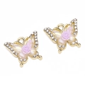 Golden butterfly pendant with purple rose and white rhinestones for DIY jewelry making - Purple Flower Butterfly Pendant / 16x13mm (1.5mm Hole) / Gold