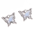 Ciondoli a farfalla in lega d'argento con rosa in resina blu e bordo in strass - Ciondolo a Farfalla con Fiore Blu / 16x13mm (Foro 1.5mm) / Argento