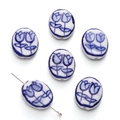 Flat oval blue and white ceramic beads with hand-painted tulip pattern for DIY jewelry - 16x20mm / Blue