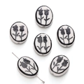 Handmade oval ceramic beads with black tulip floral pattern for DIY jewelry making - 16x20mm / Black