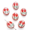 Oval ceramic bead featuring red tulip floral pattern for DIY jewelry making - 16x20mm / Red