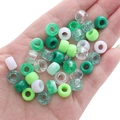 Mix of green and white acrylic pony beads for DIY bracelets shown in hand palm - Diameter approx. 9mm, Height approx. 6mm, Hole approx. 3.5/4mm / Green Series (Approx. 100 pcs/Pack)