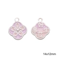 Colgante de flor y cacahuete de esmalte rosa y violeta en acabado plata mate 14x12mm - Etiqueta Flor Cuatro Hojas Buena Suerte / 14x12mm