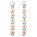 Handmade woven daisy keychains with green cotton rope and golden metal rings - White