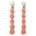 Two mint green woven daisy keychains with pink flowers and rose gold spring rings - Watermelon red