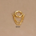 Detail of 6mm gold stainless steel hoop earring featuring a double chain tassel design - 6mm / Gold
