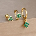 Dreiteiliges goldenes Kleeblatt-Ohrring-Set mit grünen Steinen und Schraubverschluss - Vierblättrige Blume Stil (Y26111-3) / 3 Stück/Packung / Gold Grün