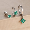 Detailed view of silver clover earring set with green stones on a metallic surface - Silver-Green (Y26109-1)