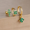 Detailed set of gold flower and cross earrings with green zircon stones on display - Cross Flower Style (Y26111-5) / 3 Pieces/Pack / Gold-Green