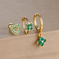 Detail of three gold earrings featuring green clover charms and heart zircon stones - Heart Pave Style (Y26111-6) / 3 Pieces/Pack / Gold-Green