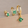Detail of three-piece gold earring set with green stones and clover floral charms - Gold-Green (Y26109-3)