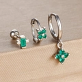 Macro detail of silver clover earrings set featuring emerald green zircon stones and studs - Silver-Green (Y26109-3)