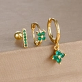 Detailed set of gold four-leaf clover earrings with sparkling green zircon inlays - Linear Green Diamond Style (Y26111-8) / 3 Pieces/Pack / Gold-Green
