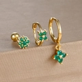 Detailed macro of gold clover earrings set with bright green stones and screw backs - Threaded Ball Flower Style (Y26111-9) / 3 Pieces/Pack / Gold-Green