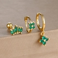 Detail of three-piece gold earring set with green zircon four-leaf clover charms - Row Marquise Style (Y26111-10) / 3 Pieces/Pack / Gold-Green