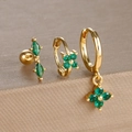 Detailed macro view of a 3-piece emerald green zircon and gold earring set on a stand - Gold-Green (Y26109-5)