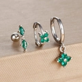 Detailed set of three silver earrings featuring green zircon clovers on golden display stand - Silver-Green (Y26109-5)