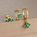 Detailed view of 3-piece gold earrings set with emerald green flower and stone charms - Three Round Diamond Style (Y26111-12) / 3 Pieces/Pack / Gold-Green