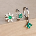 Detailed macro view of silver clover earring set with emerald green cubic zirconia stones - Silver-Green (Y26109-6)