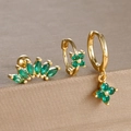Detailed set of gold earrings with green clover stones and marquise gems on display - Ear Cuff Marquise Style (Y26111-15) / 3 Pieces/Pack / Gold-Green